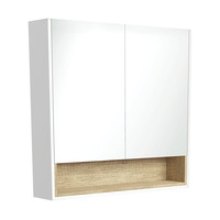 Fienza Satin White 900 Mirror Cabinet with Display Shelf and Scandi Oak Insert PSC900SMWS