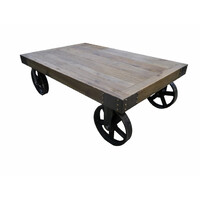 Coffee Table Rustic Industrial Timber Top Metal Wheels 1100mm Wide