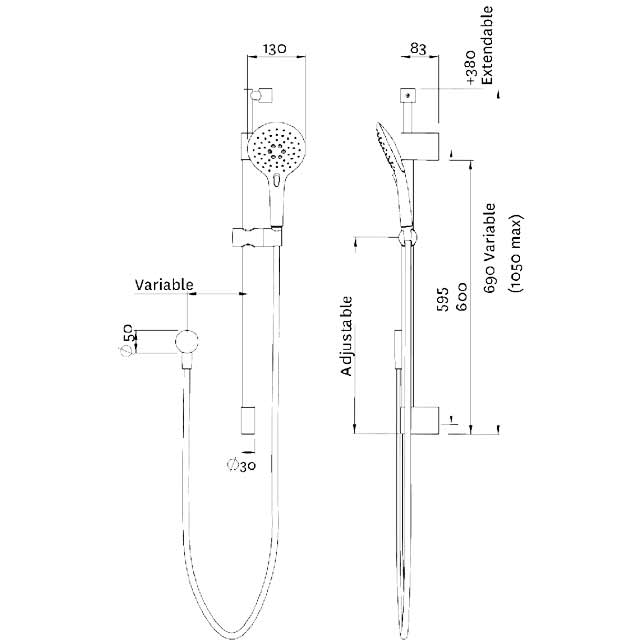 Methven Shower Rail HandHeld Bathroom EasyClick 3 Function Telescopic
