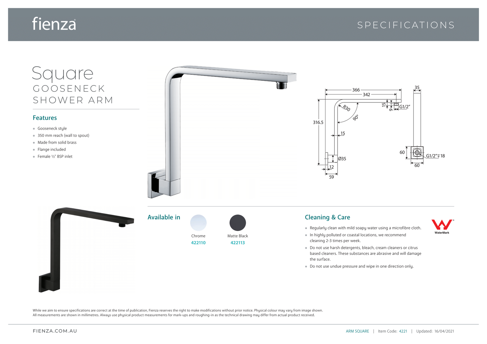 Fienza 350mm Square Fixed Gooseneck Shower Arm Matte Black 422113
