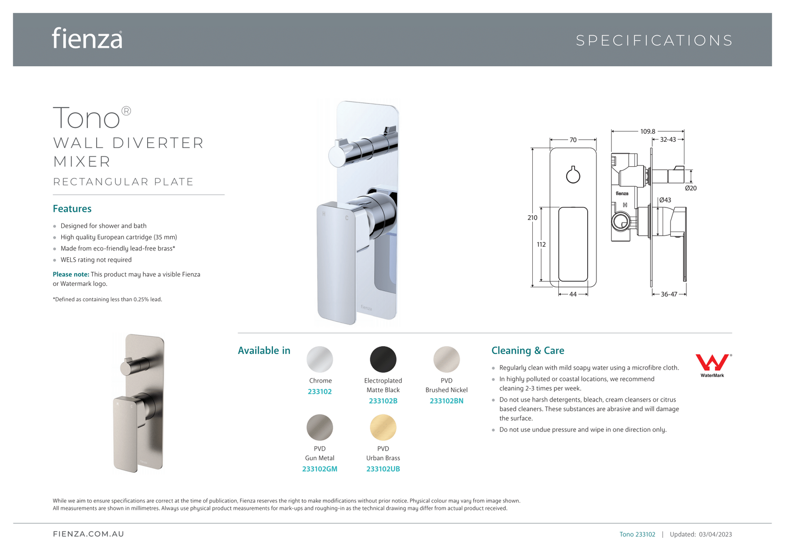 Fienza Tono Wall Diverter Mixer Bathroom Shower Tap Rectangular Plate ...