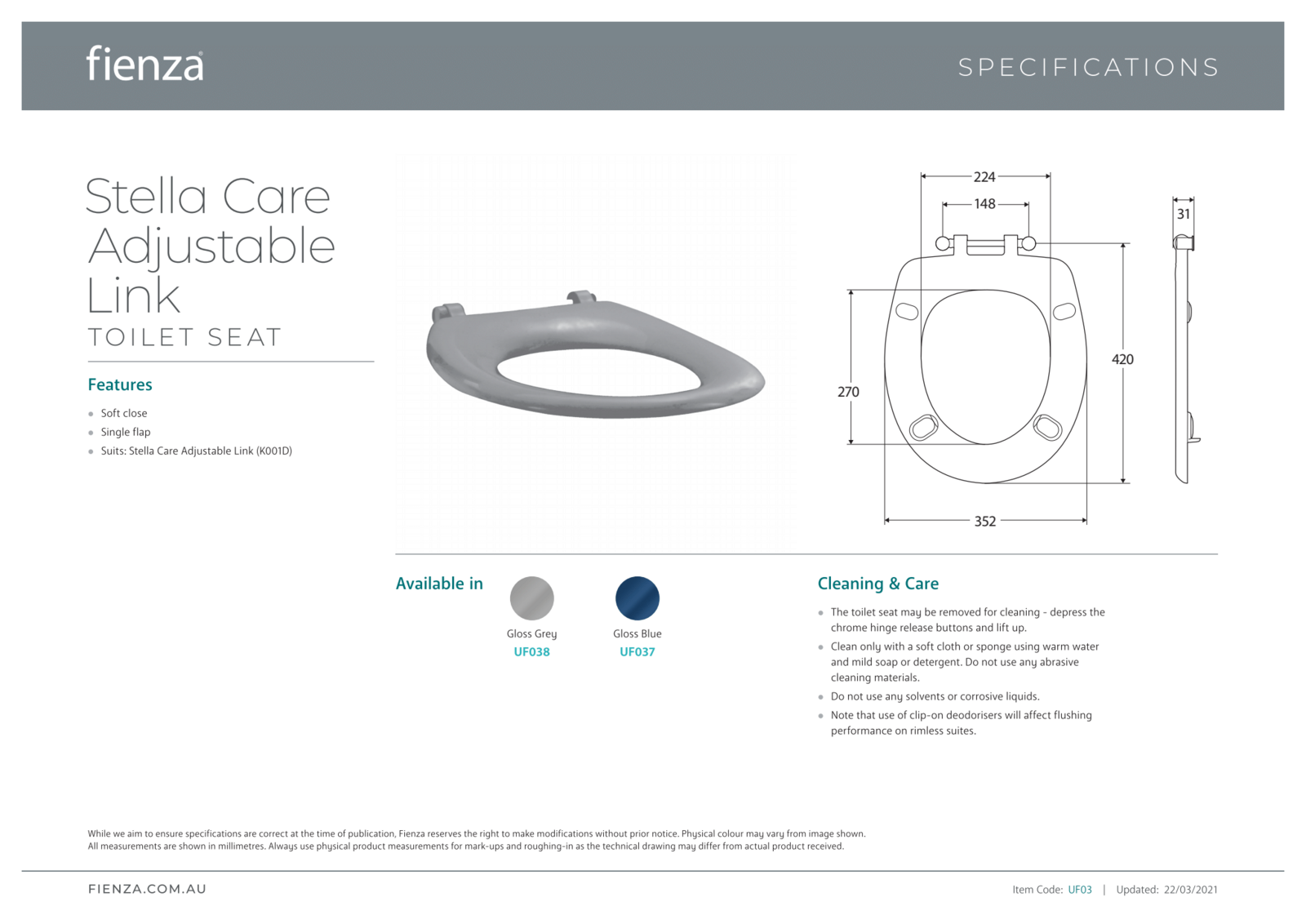 Fienza Stella Care Adjustable Link Toilet Seat Grey UF038