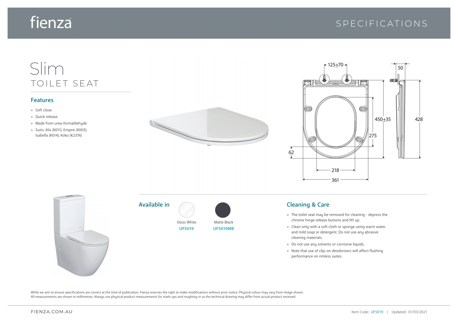 Fienza Slim Matte Black Soft Close Toilet Seat UF5019MB