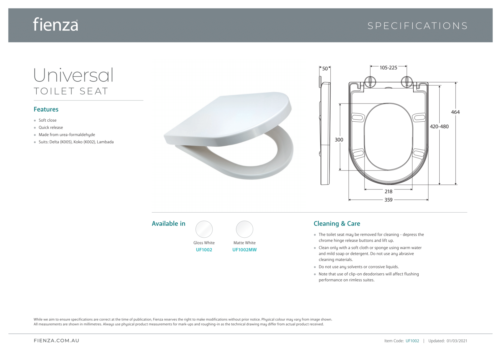 Fienza Soft Close Universal Toilet Seat Matte White UF1002MW