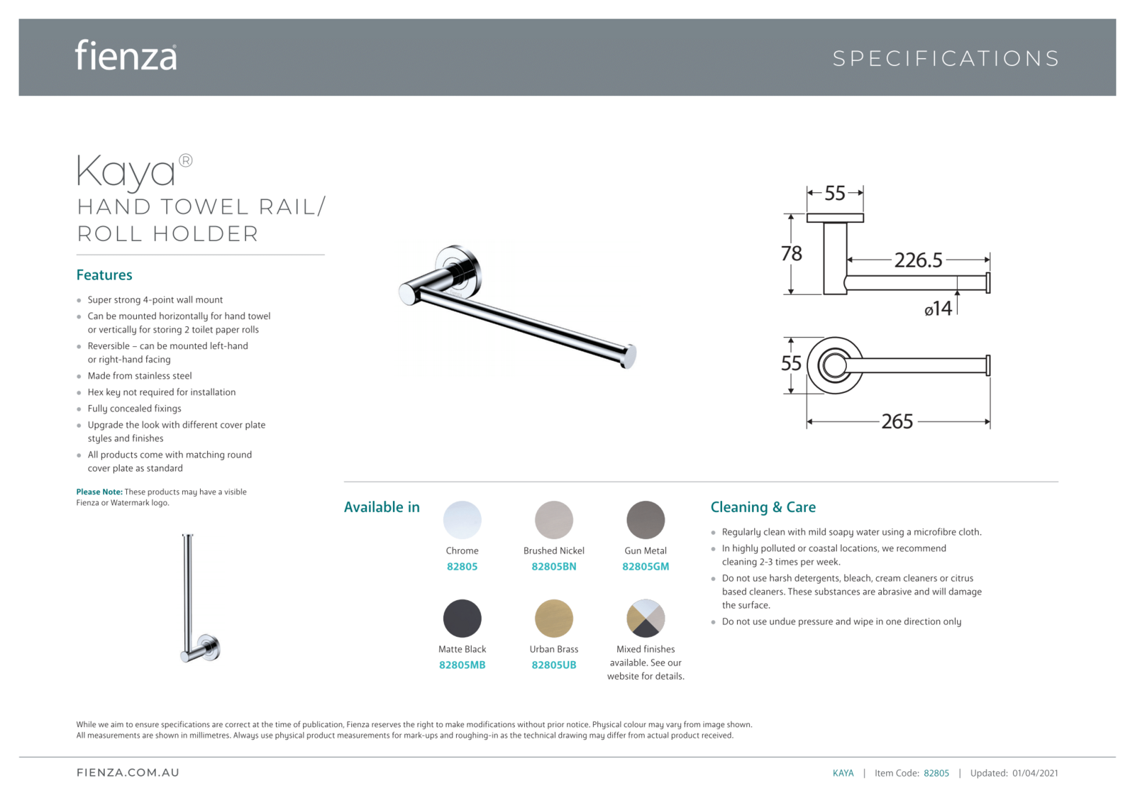 Fienza Hand Towel Rail / Double Toilet Roll Holder Chrome Kaya 82805