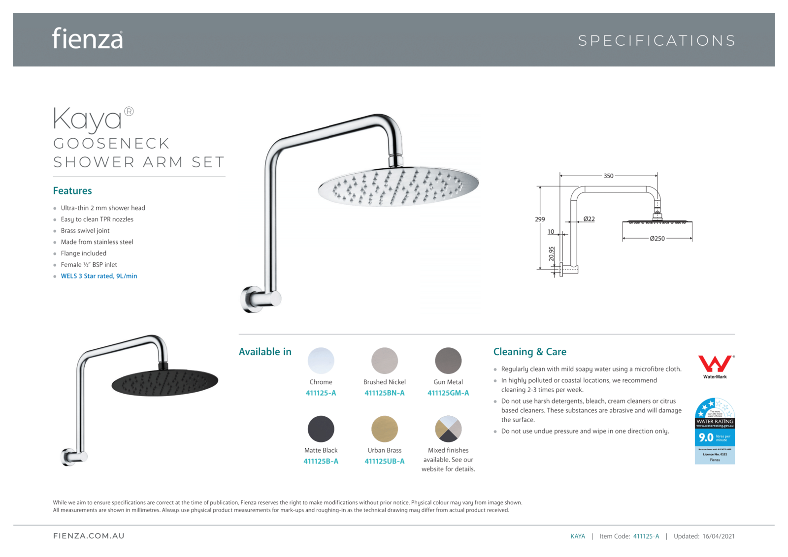 Fienza Bathroom Gooseneck Overhead Wall Arm Shower Set Chrome Kaya 411125A