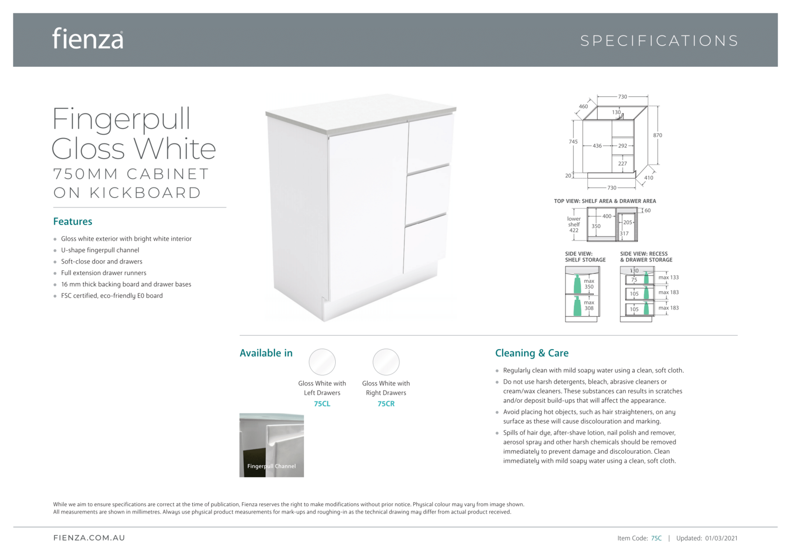 Fienza Bathroom Vanity 750 on Kickboard Cupboard Fingerpull
