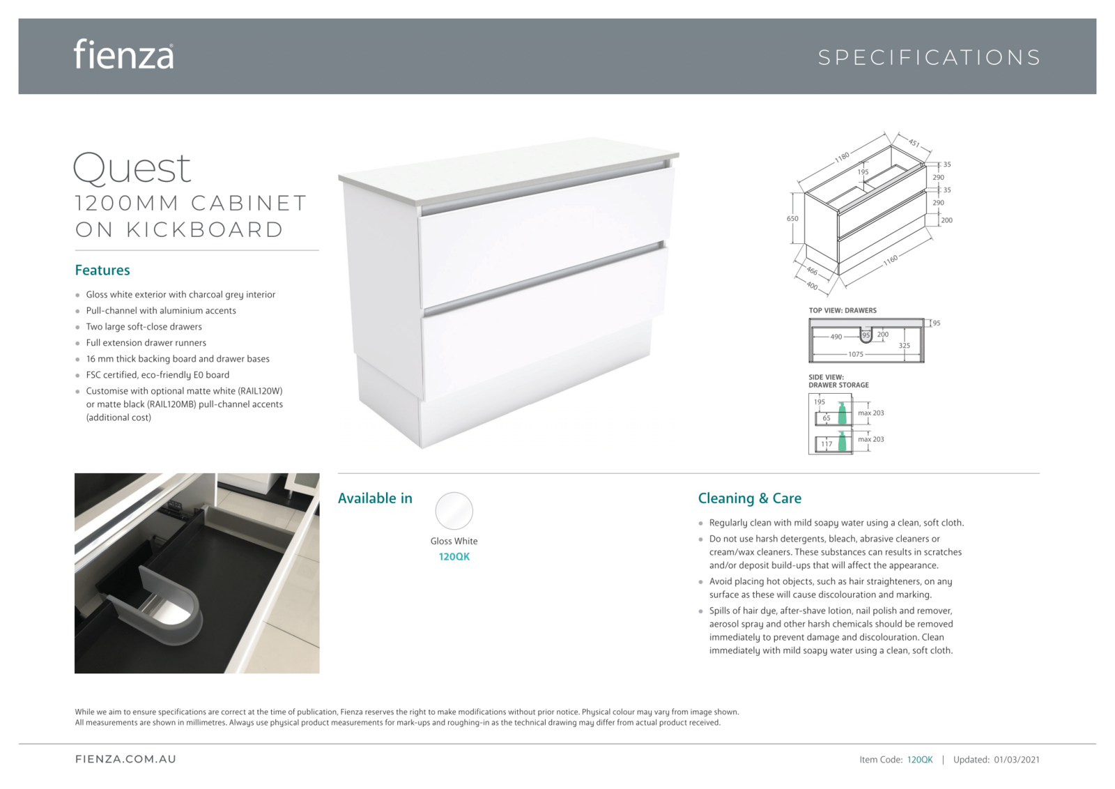 Fienza Quest Bathroom Vanity 1200 on Kickboard Cupboard Gloss