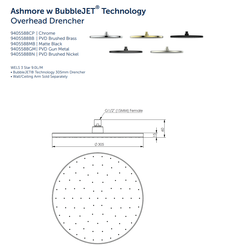 Greens Tapware Ashmore BubbleJet Overhead Drencher Shower Head Matte