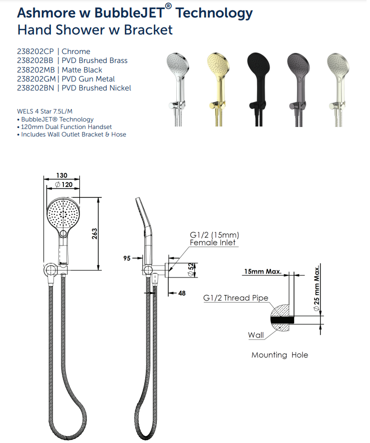 Greens Tapware Ashmore Hand Shower with Wall Outlet Bracket Brushed