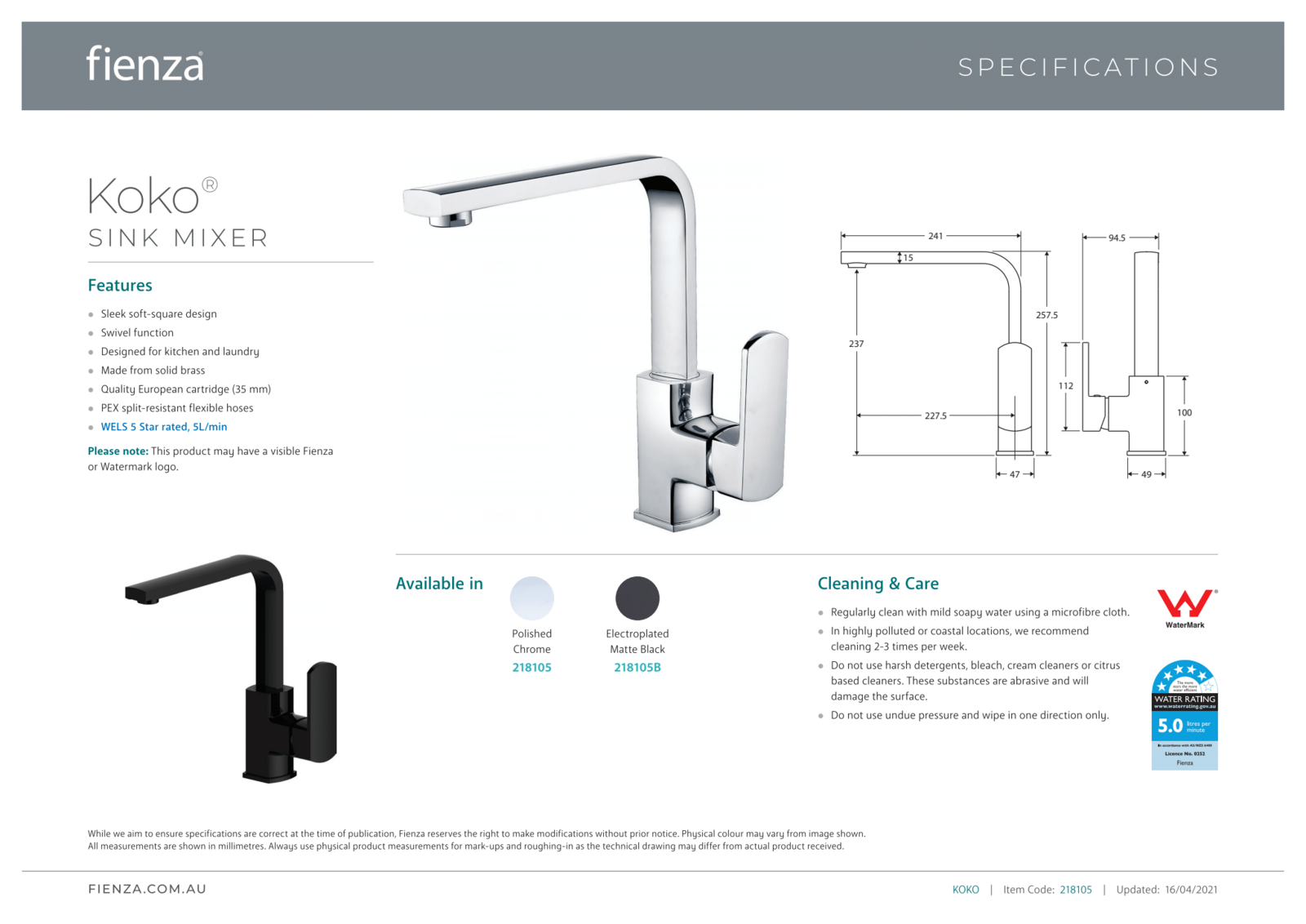 Fienza Koko Swivel Kitchen Sink Mixer Matte Black 218105B