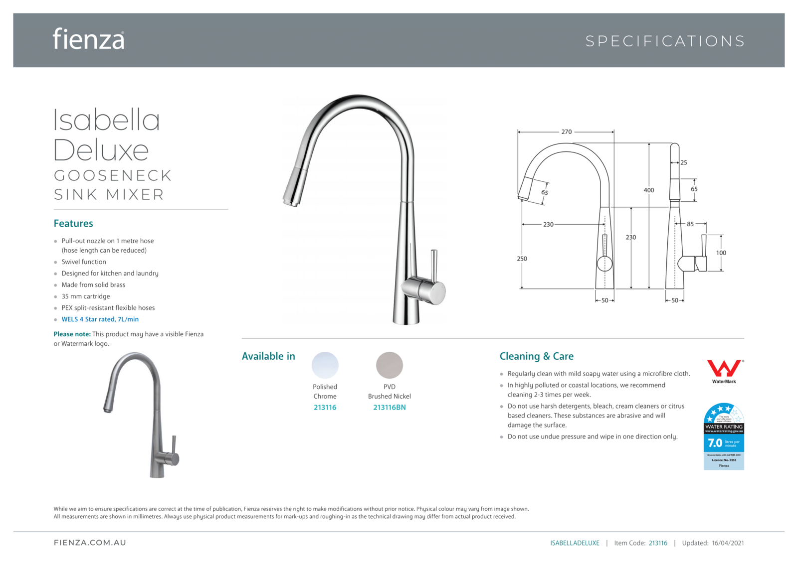 Fienza Isabella Deluxe Pull Out Gooseneck Kitchen Sink Mixer Chrome 213116