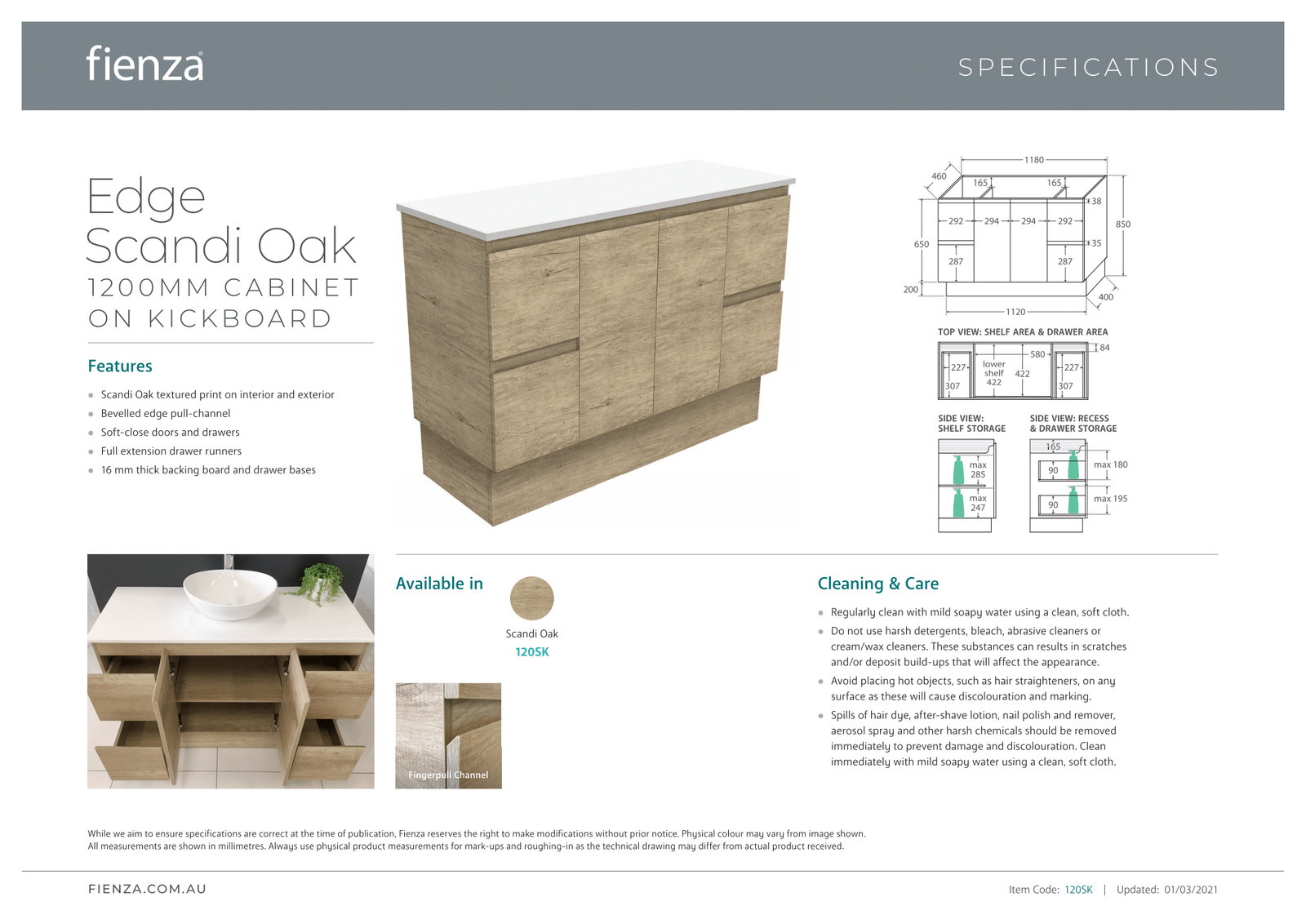 Fienza Citi Edge 1200mm Kitchen Sink & Cupboard Laundry Storage
