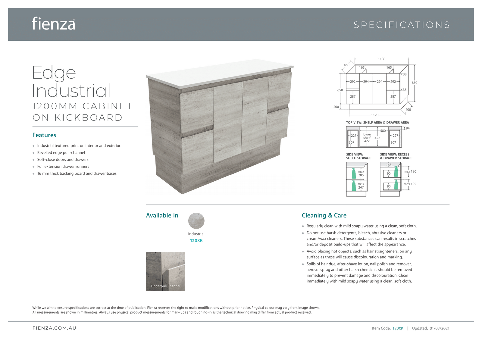 Fienza Citi Edge 1200mm Kitchen Sink & Cupboard Laundry Storage Unit on Kickboard Industrial