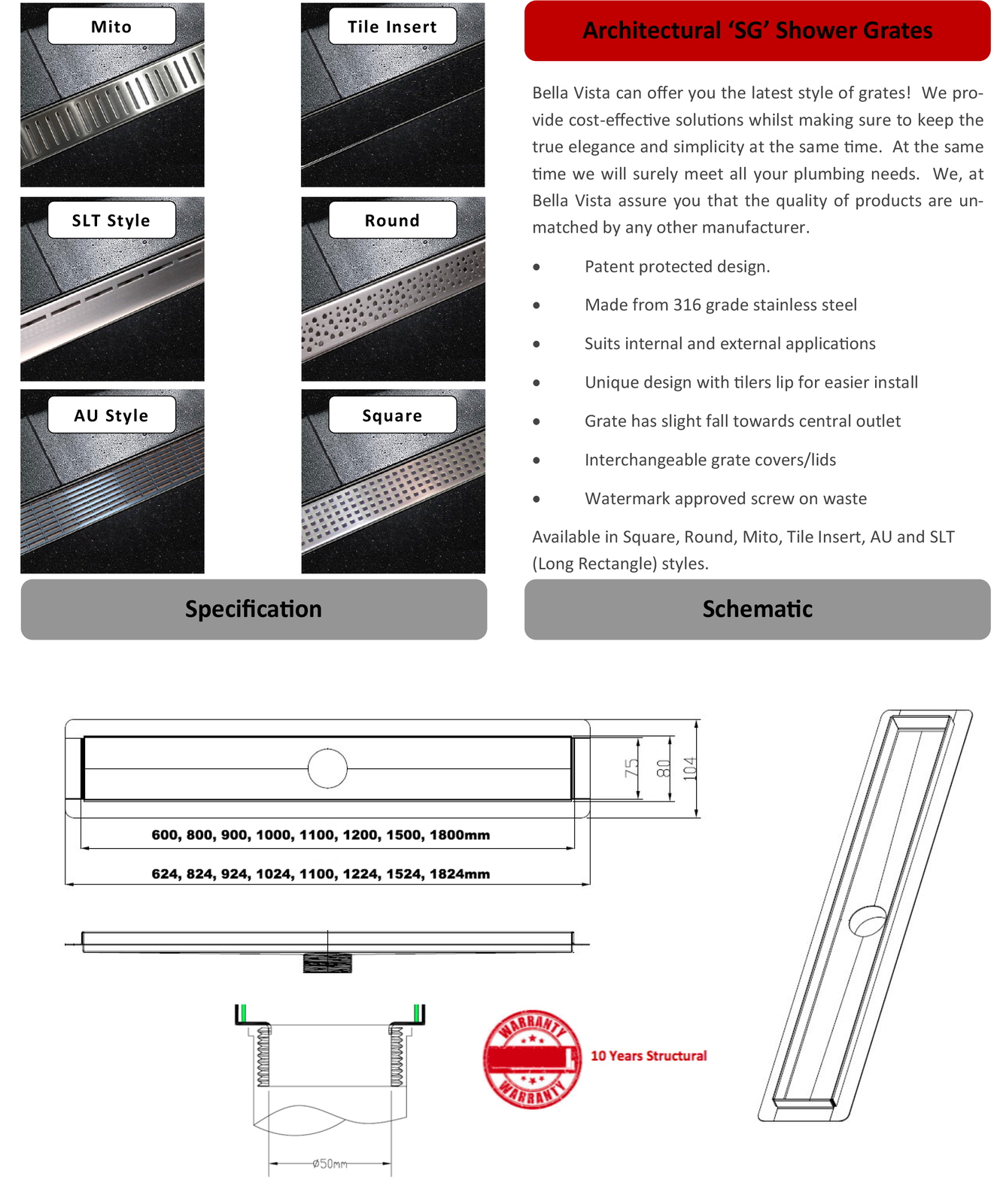 Bella Vista Tile Insert Shower Grate 600mm Stainless Steel SG600T