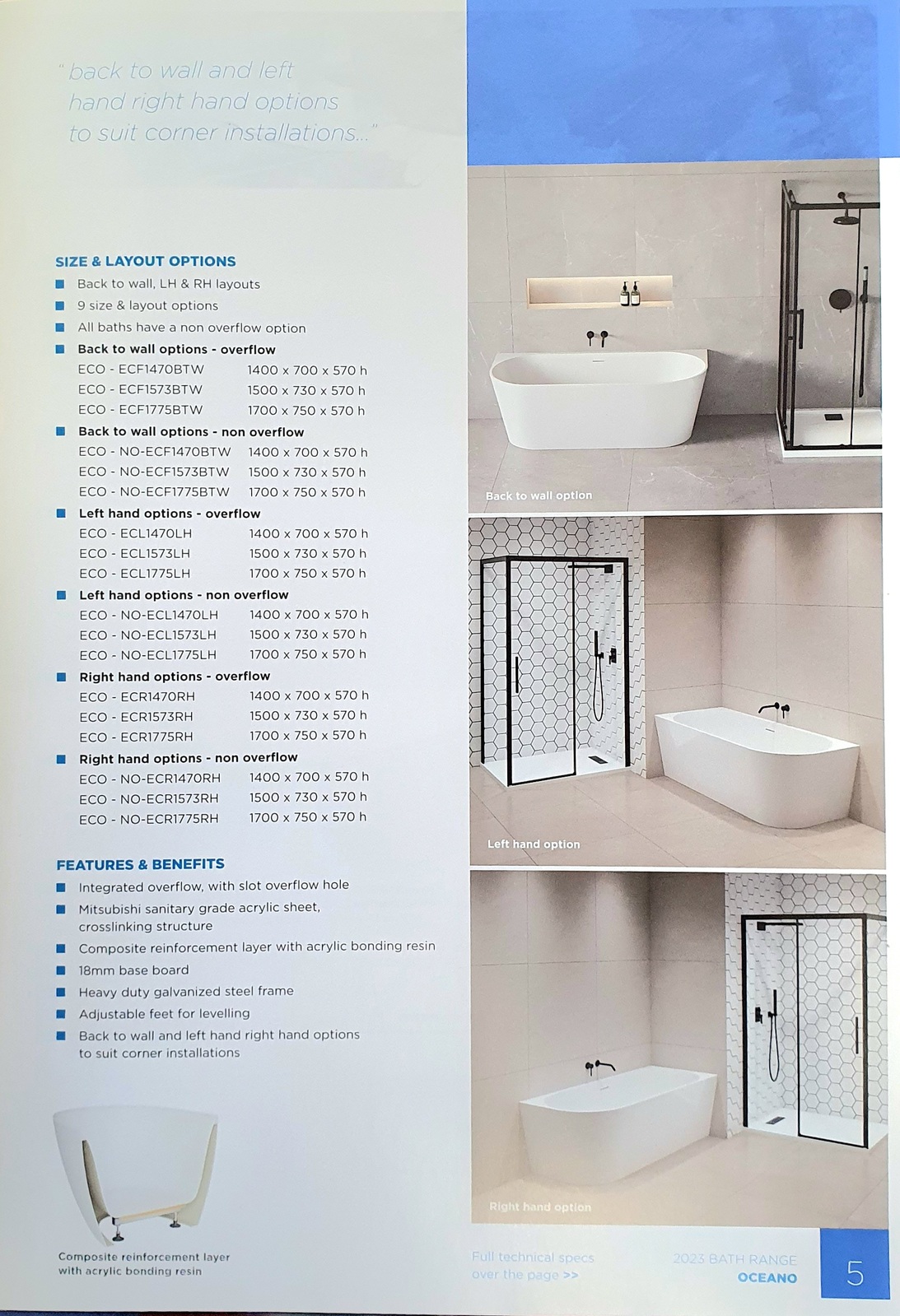 Oceano Bath Tub 1700 x 750 Back to Wall Right Hand Sanitary Grade