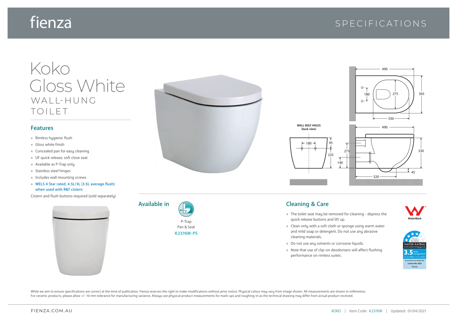 Fienza Koko Gloss White Wall Hung Toilet Suite, Pan + Seat + R&T In