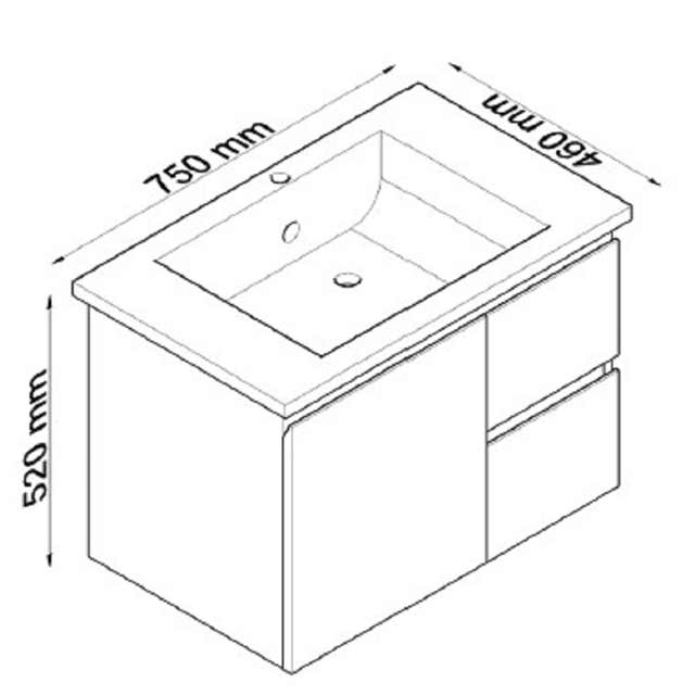 Best BM Bathroom Vanity 750mm 1 Door 2 Drawers Gloss White Wall