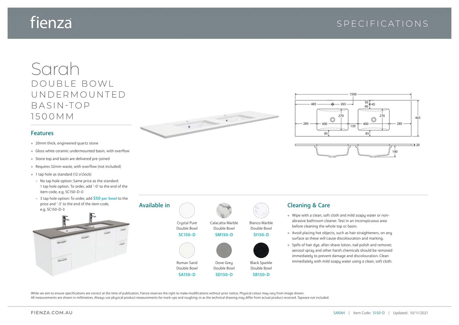 Fienza Sarah Dove Grey Undermount Double Bowl Fingerpull 1500 Vanity on