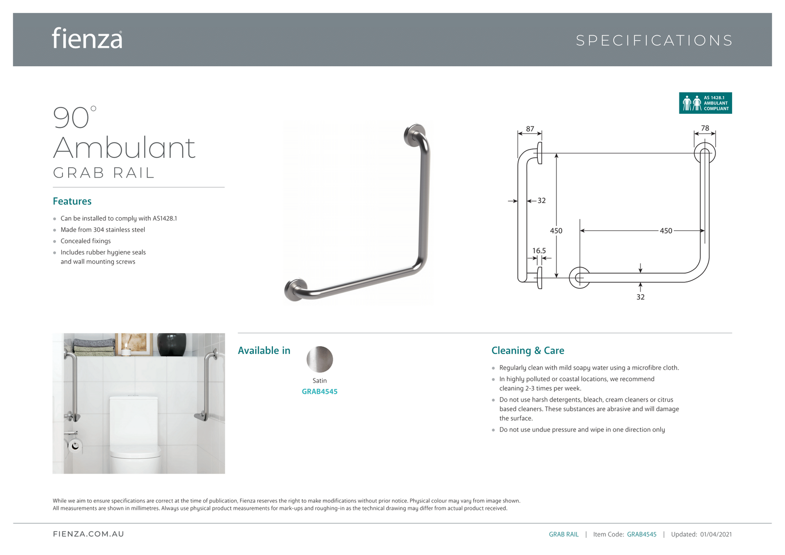 Fienza Care Accessible Grab Rail 450mm x 450mm Special Need Safety