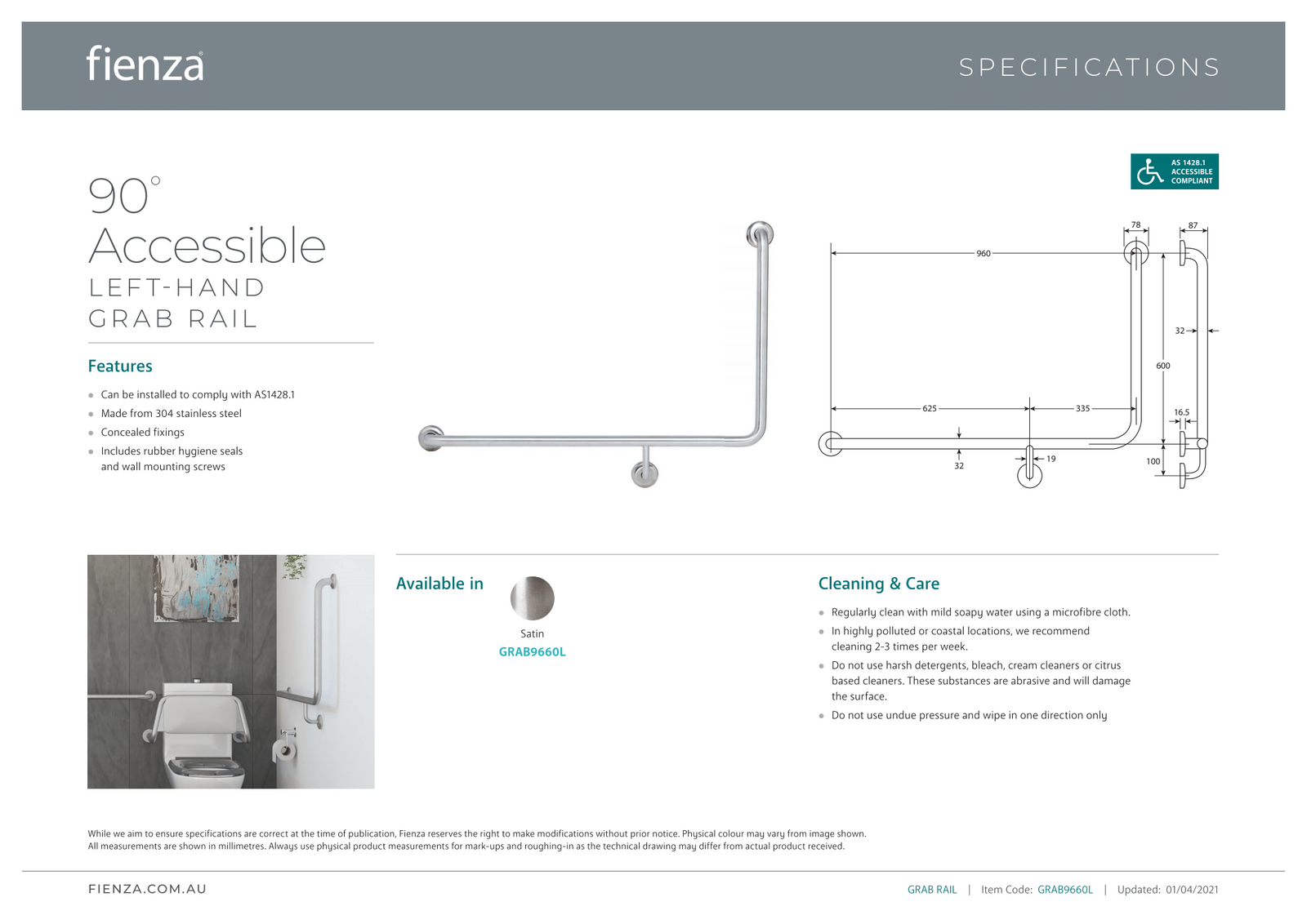 Fienza Care Accessible Left Hand Grab Rail 960mm X 600mm Special Need