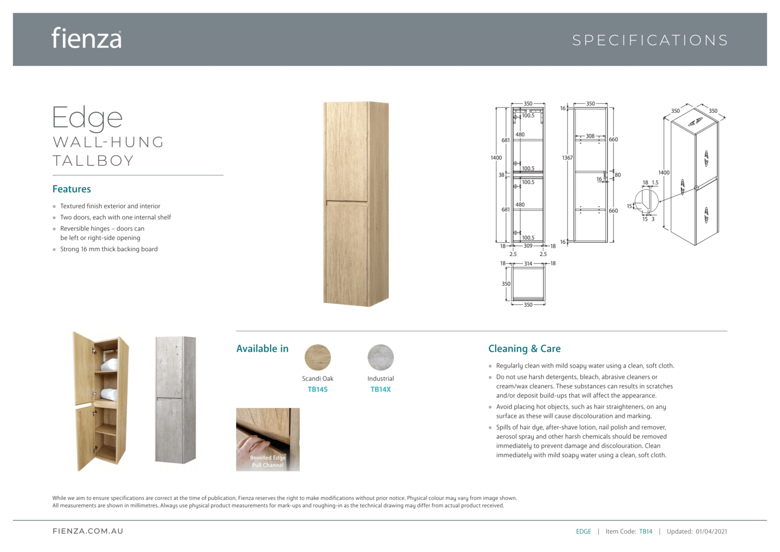 Fienza Edge Scandi Oak Wall Hung Bathroom Tallboy 1400mm TB14S