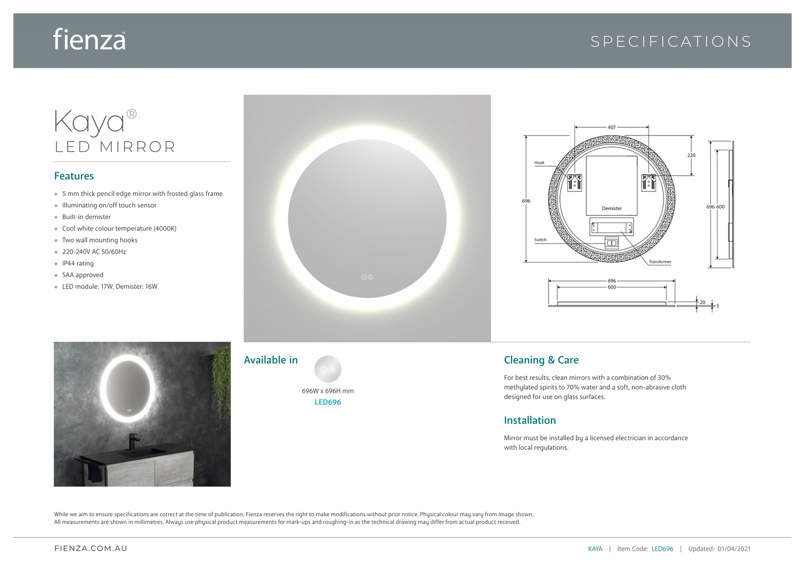 Fienza Kaya Round LED Bathroom Mirror with Demister & Touch Sensor