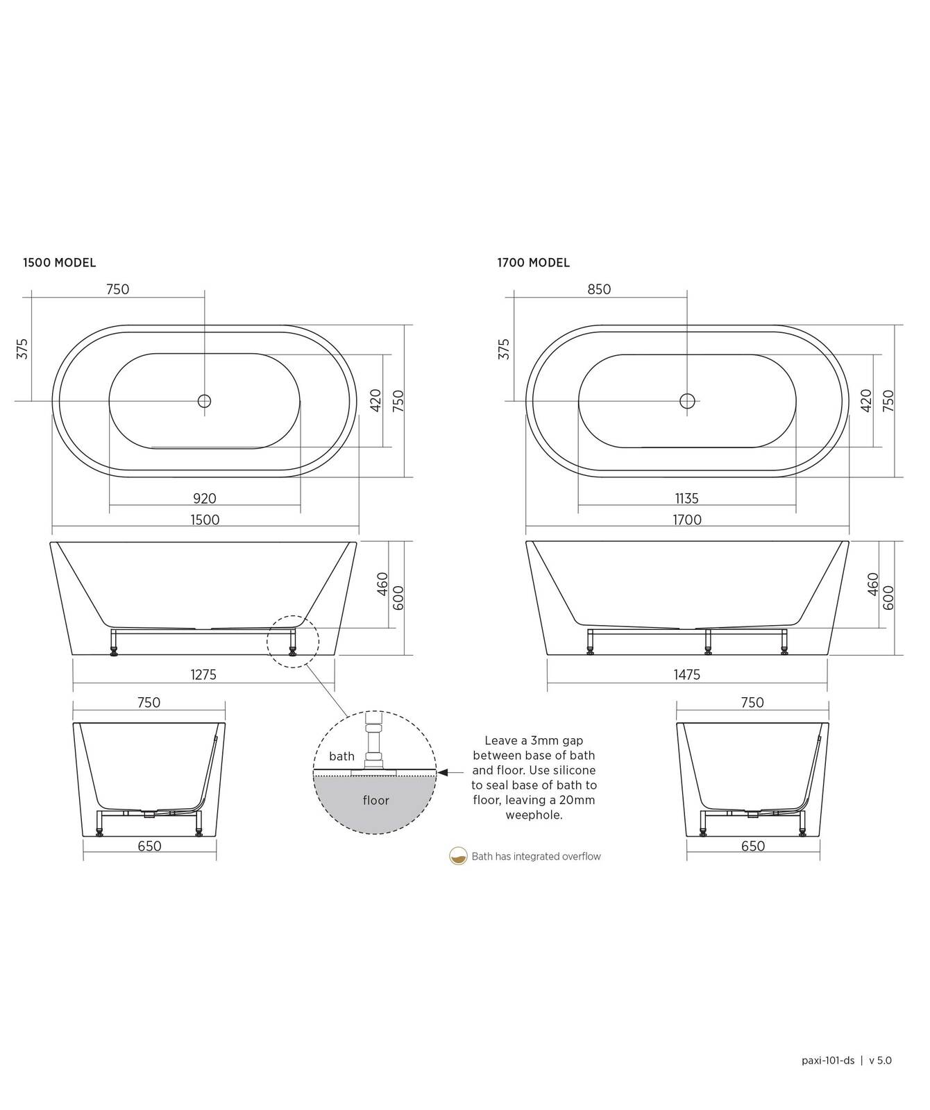 Seima Paxi 101 1700mm Freestanding Bath Tub Bathroom Bathtub White No