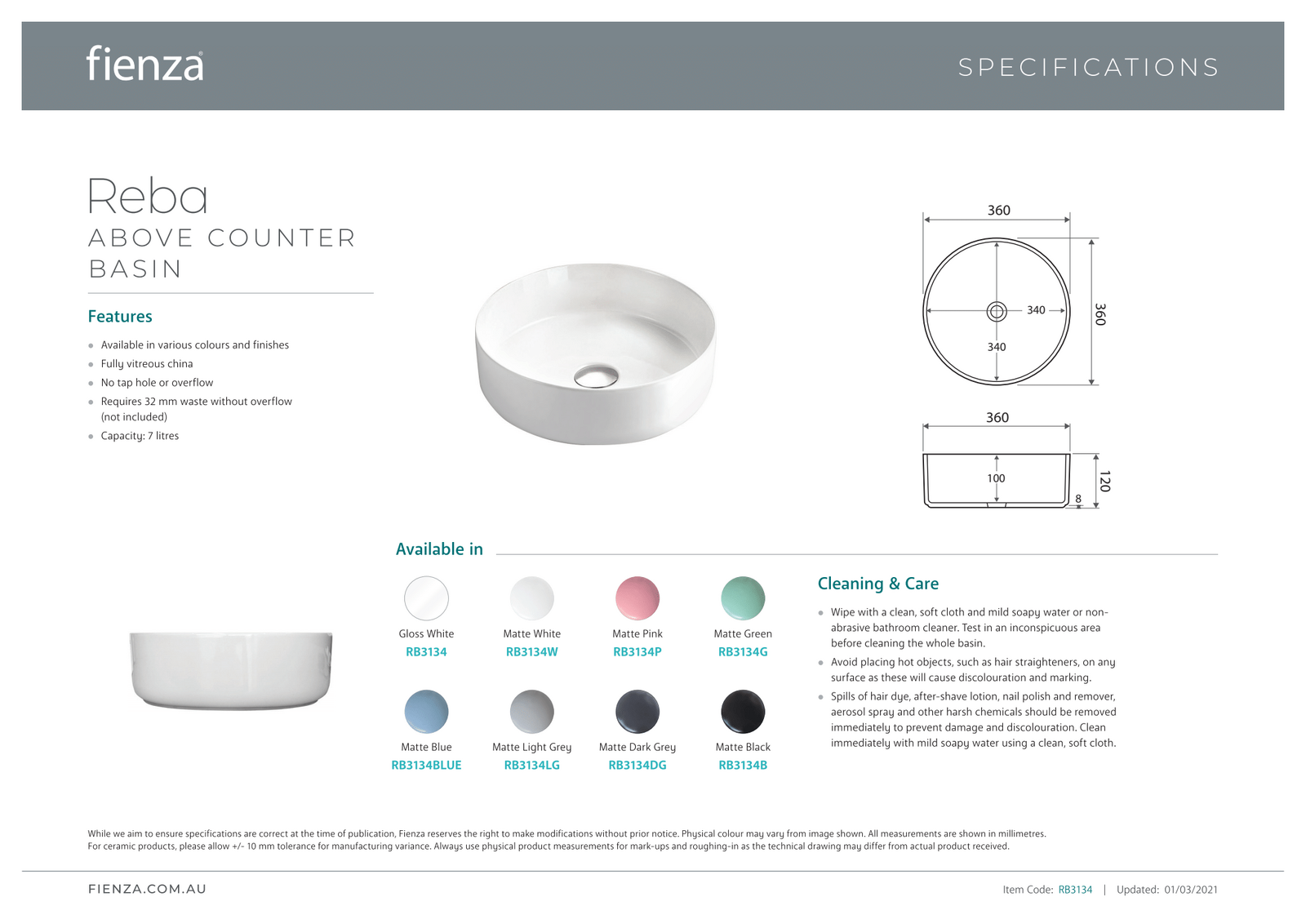 Fienza Reba Above Counter Basin Matte White No Tap Hole 360mm x 360mm ...