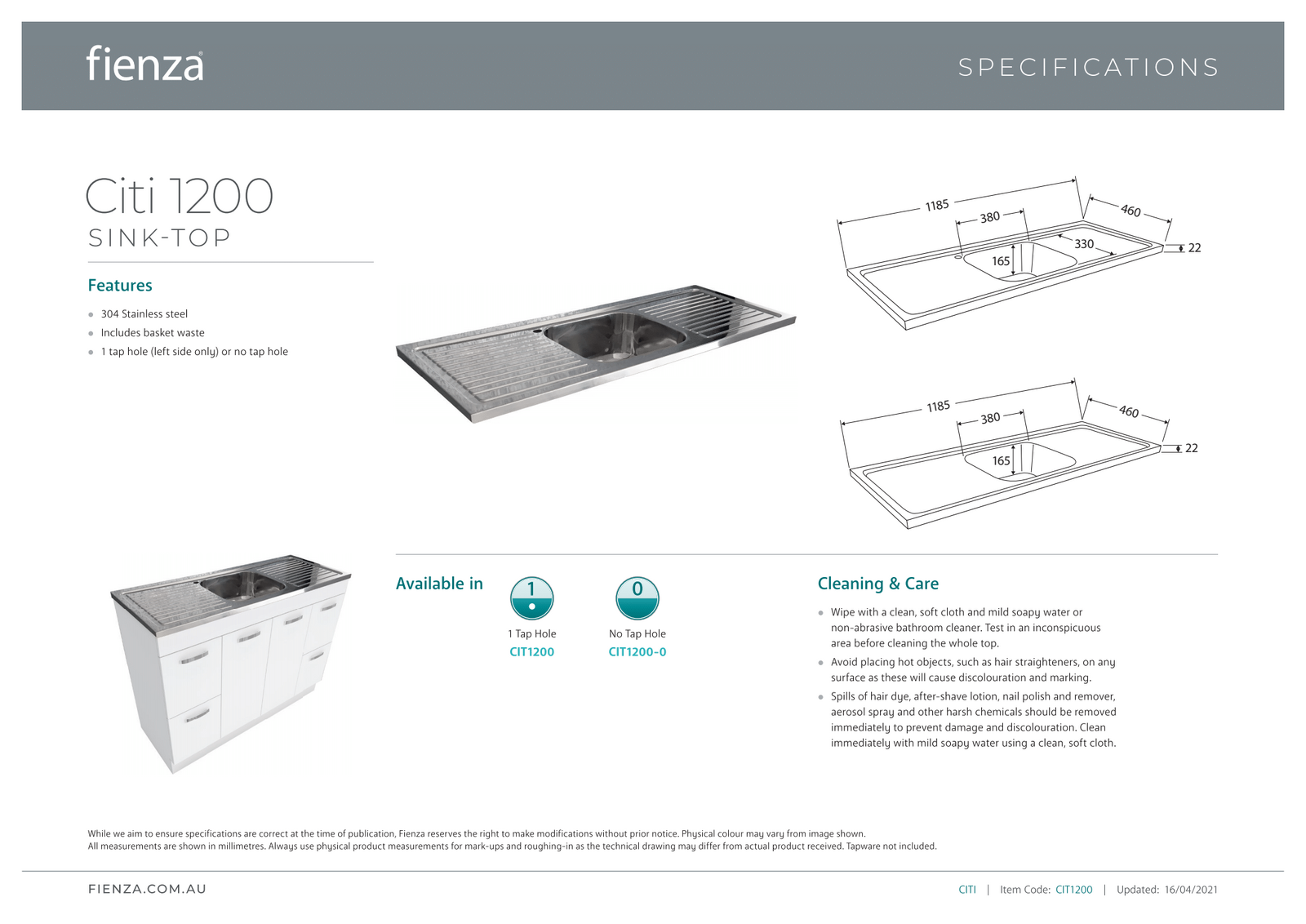 Fienza Citi UniCab 1200mm Kitchen Sink & Cupboard Laundry
