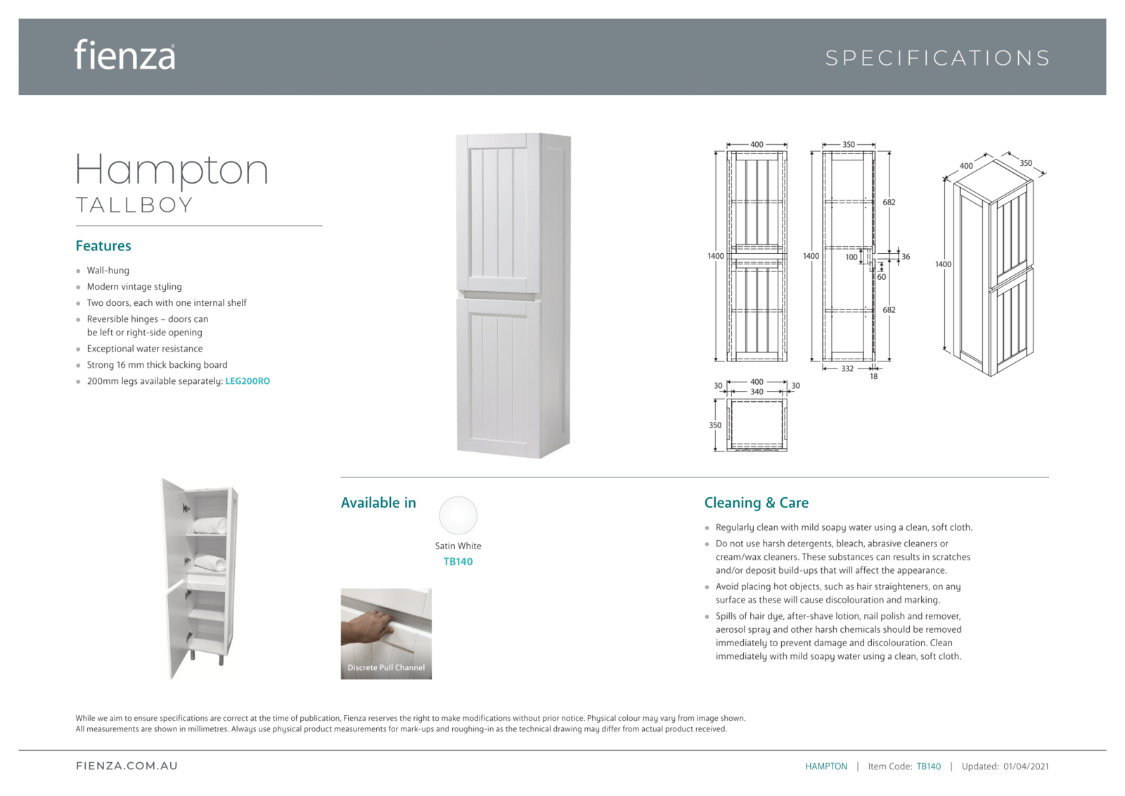 Fienza Hampton Wall Hung Bathroom Tallboy 2 Door 1400mm TB140