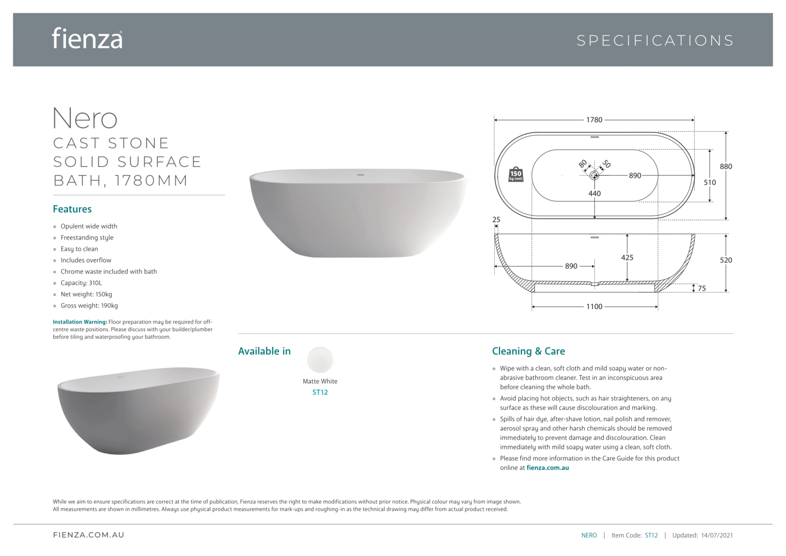 Fienza Nero 1780 Bathtub Freestanding Cast Stone Bath Tub Matte White ST12