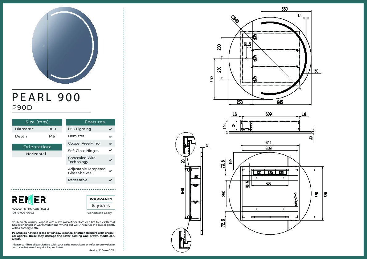 Remer Pearl Round Shaving & Bathroom Mirror LED Lighting with Demister 900mm P90D