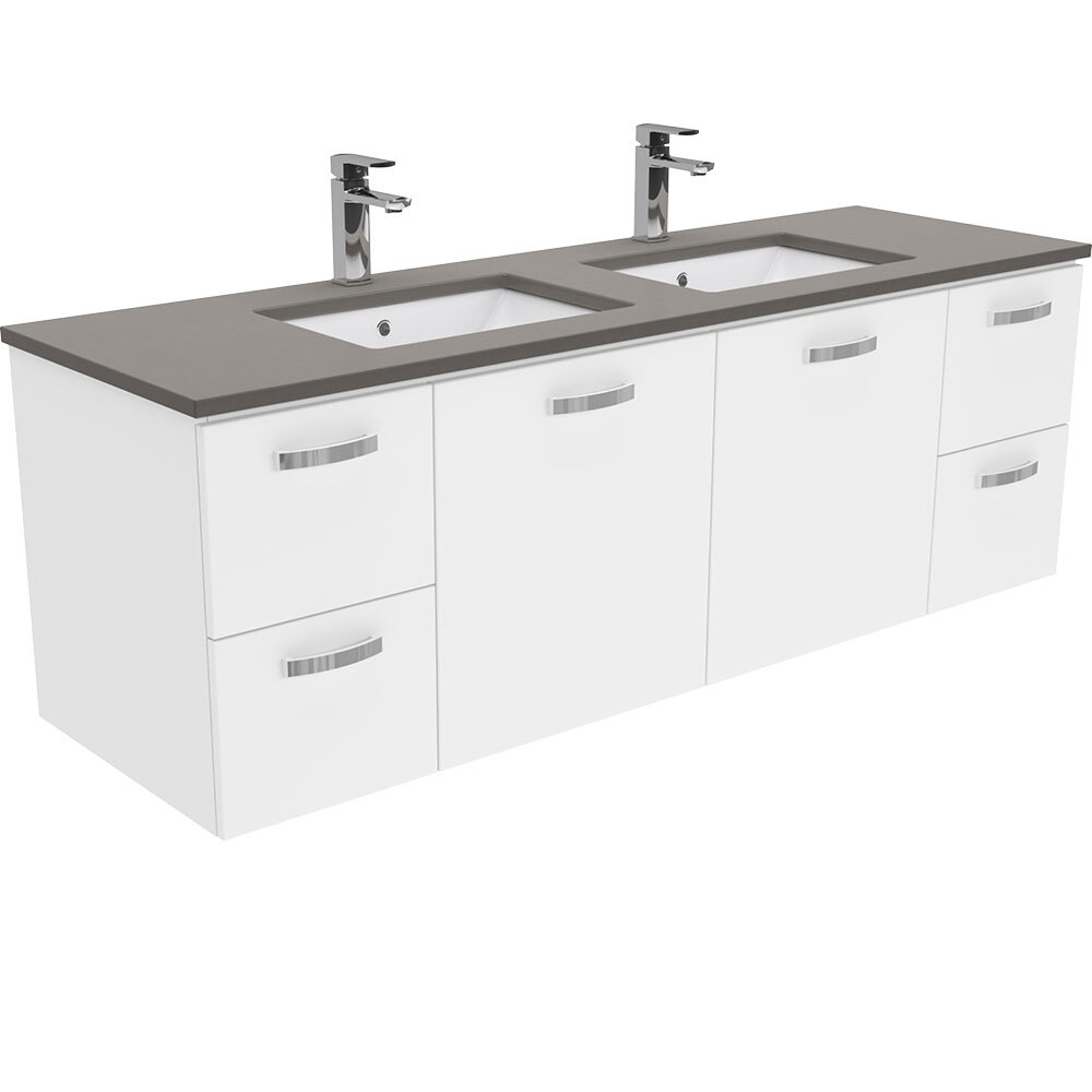 Fienza Sarah Dove Grey Undermount Double Bowl UniCab 1500 Wall Hung Vanity Gloss White SD150JD