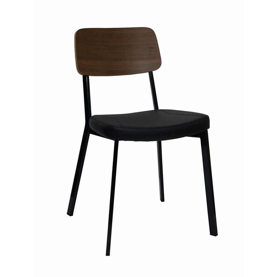 Restaurant Dining Room Chair Metal Stackable Cafe Chairs Black Padded Vinyl Seat Walnut Timber Back Estelle