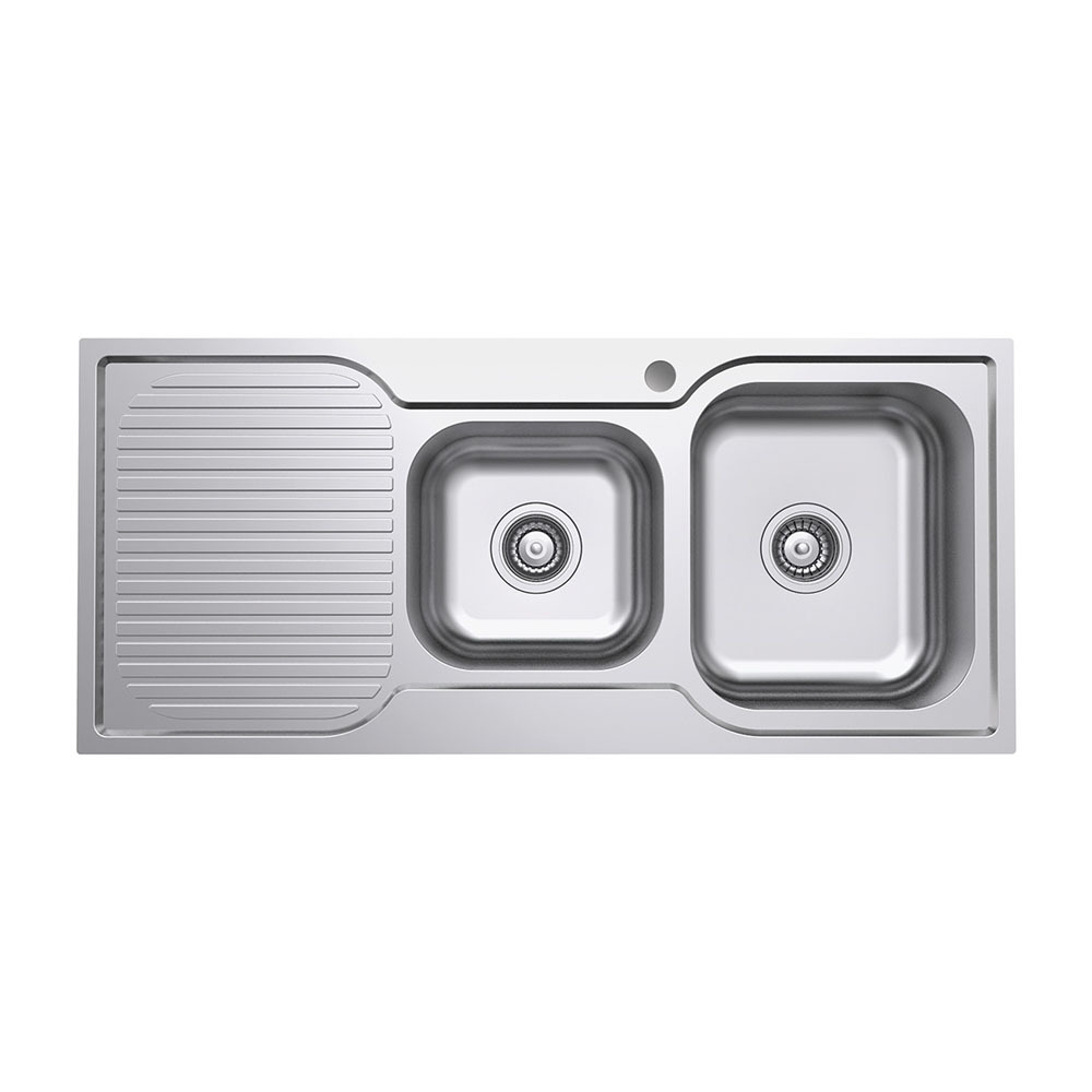 Fienza Tiva 1080 1 & 3/4 Bowl Kitchen Sink with Drainer 19/12 Litres Right Hand Bowl Stainless Steel 68106R