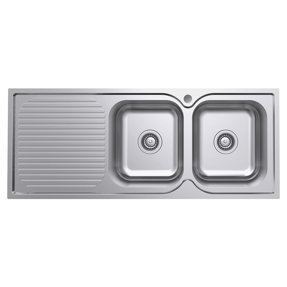 Fienza Tiva 1080 Double Bowl Kitchen Sink with Drainer 19/19 Litres Right Hand Bowl Stainless Steel 68107R