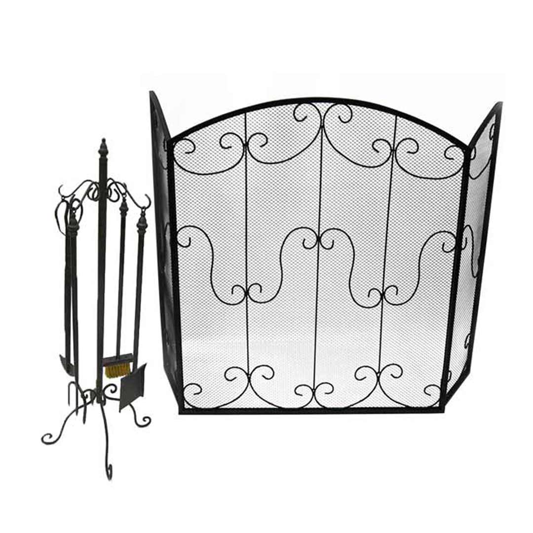 Fireplace Set Screen and Tools Package Black Cast Iron Look Fireplace