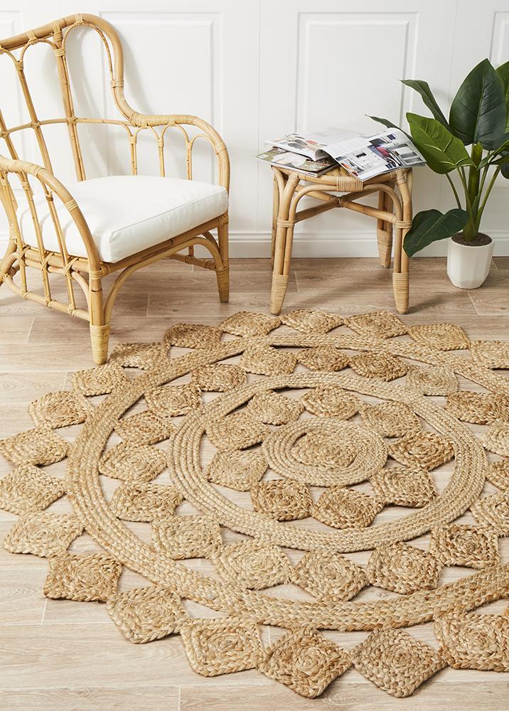 Rug Culture Round Jute Natural Tessellate Flooring Rugs Area Carpet 150x150cm