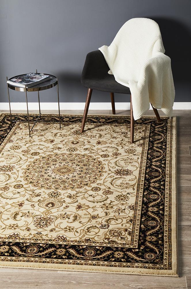 Rug Culture Medallion Flooring Rugs Area Carpet Ivory with Black Border 230x160cm