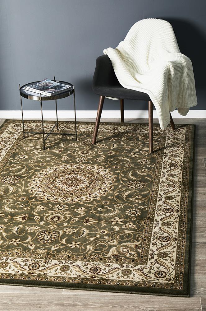 Rug Culture Medallion Runner Green with Ivory Border 400x80cm