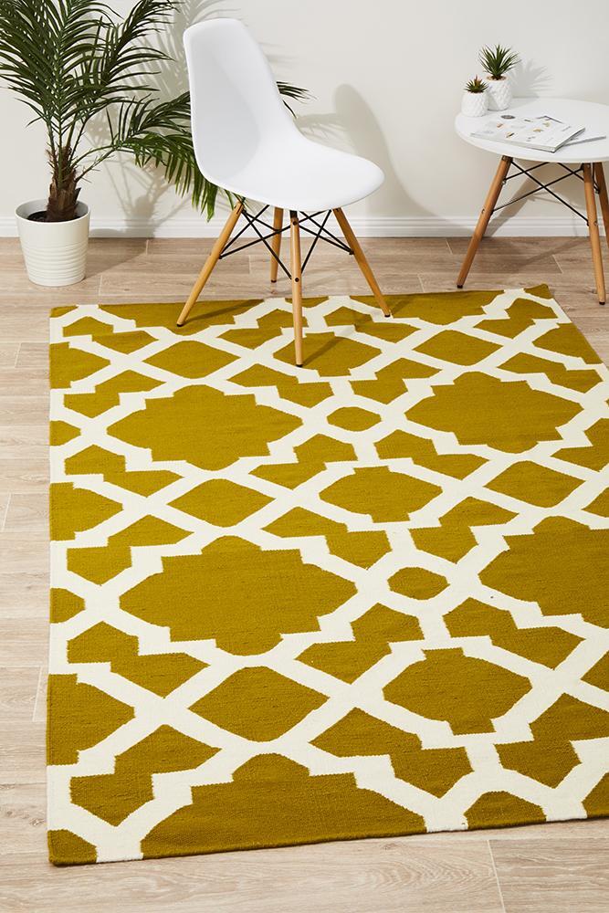 Rug Culture Flat Weave Trellis Design Gold White Flooring Rugs Area Carpet 280x190cm