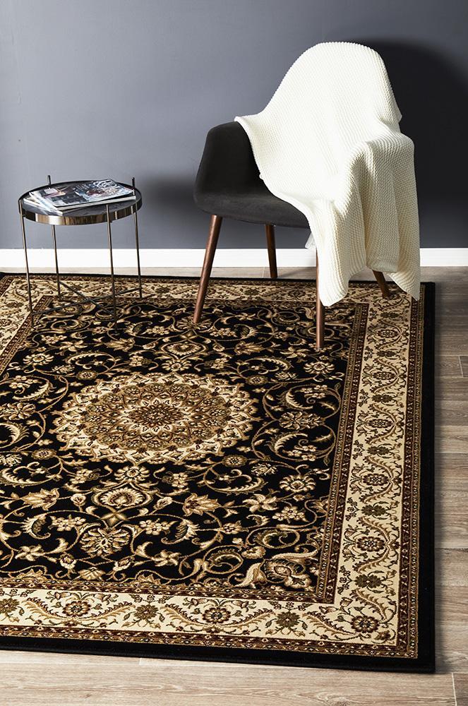 Rug Culture Medallion Flooring Rugs Area Carpet Black with Ivory Border 290x200cm