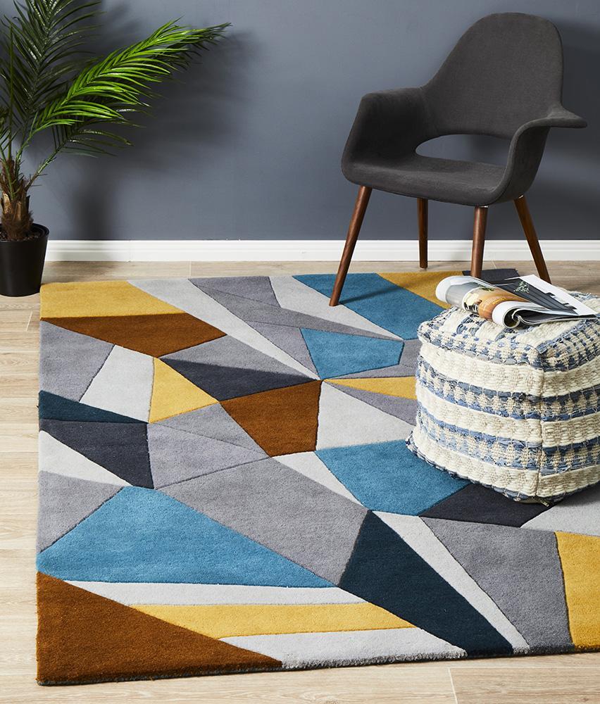 Rug Culture Laura Designer Wool Runner Blue Yellow Grey 400x80cm