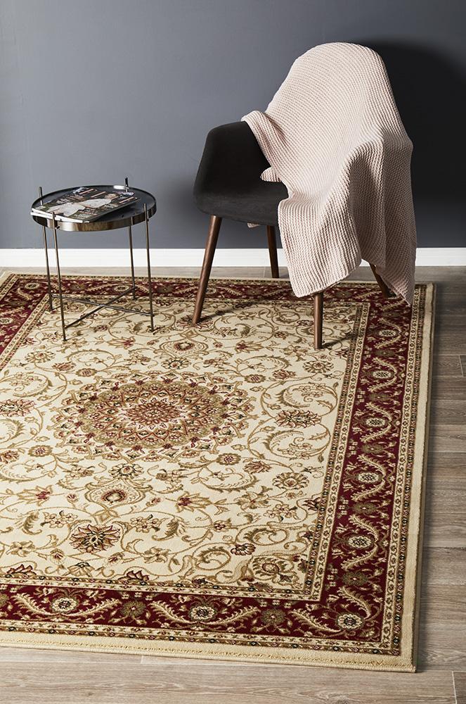 Rug Culture Medallion Flooring Rugs Area Carpet Ivory with Burgundy Border 400x300cm