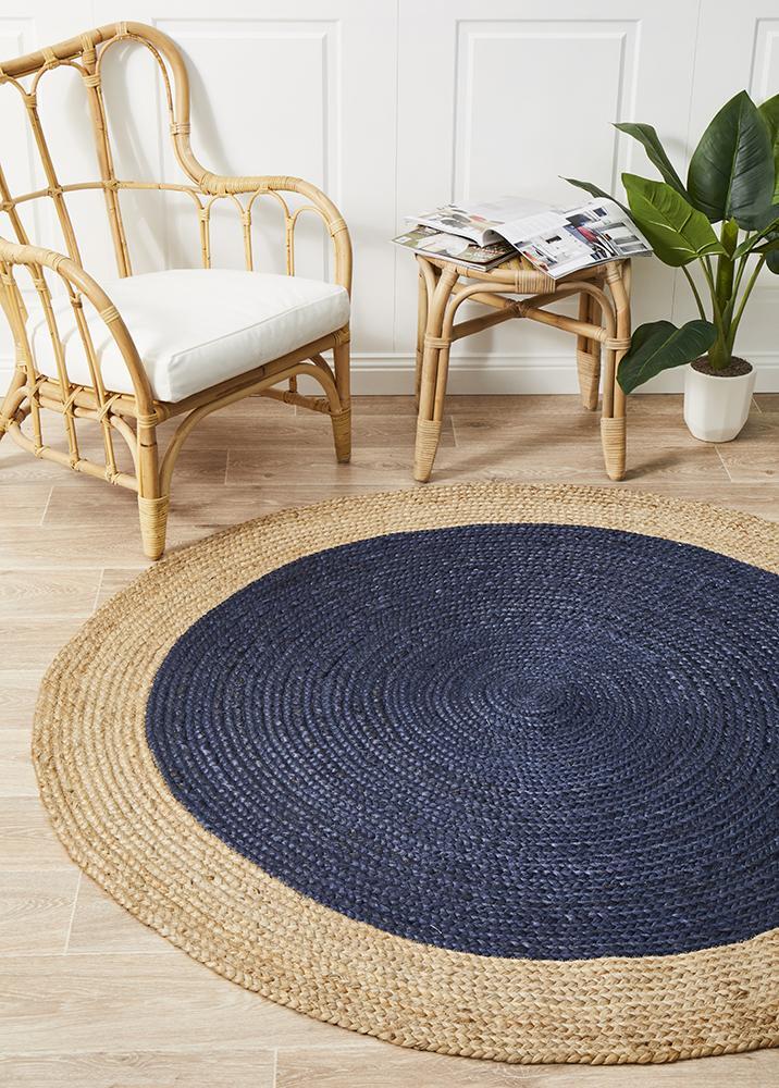 Rug Culture Round Jute Natural Flooring Rugs Area Carpet Navy 150x150cm