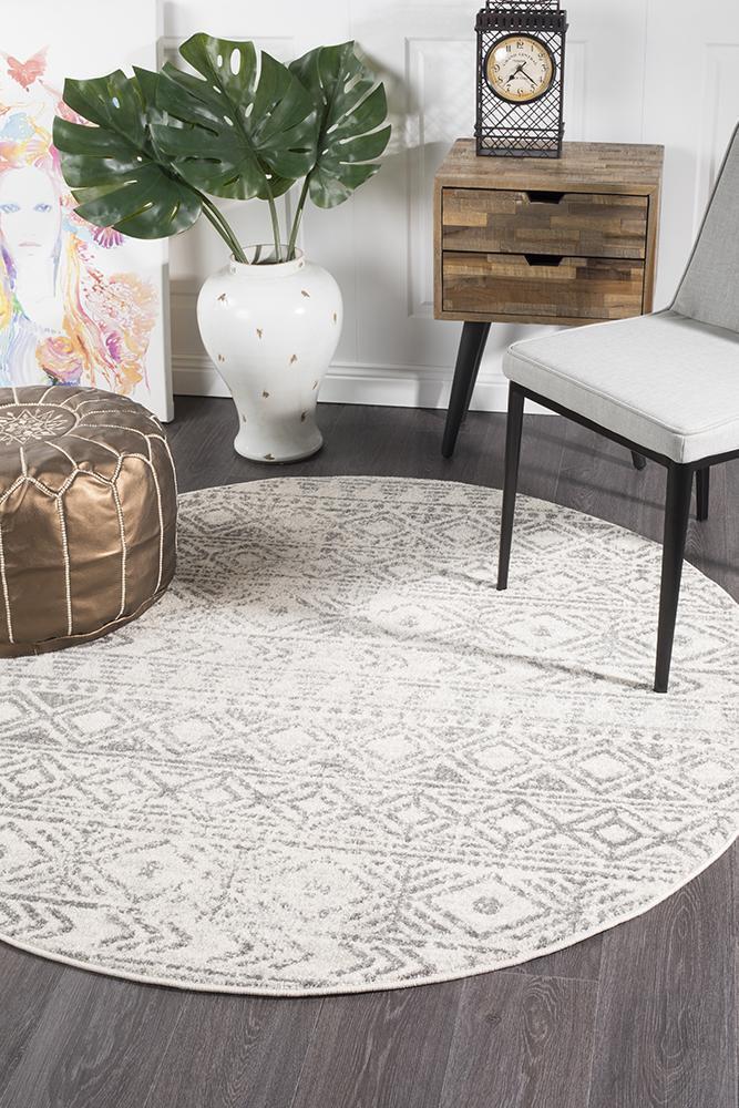 Rug Culture Ismail White Grey Rustic Round Floor Area Rugs OAS-456-GREY-200X200cm
