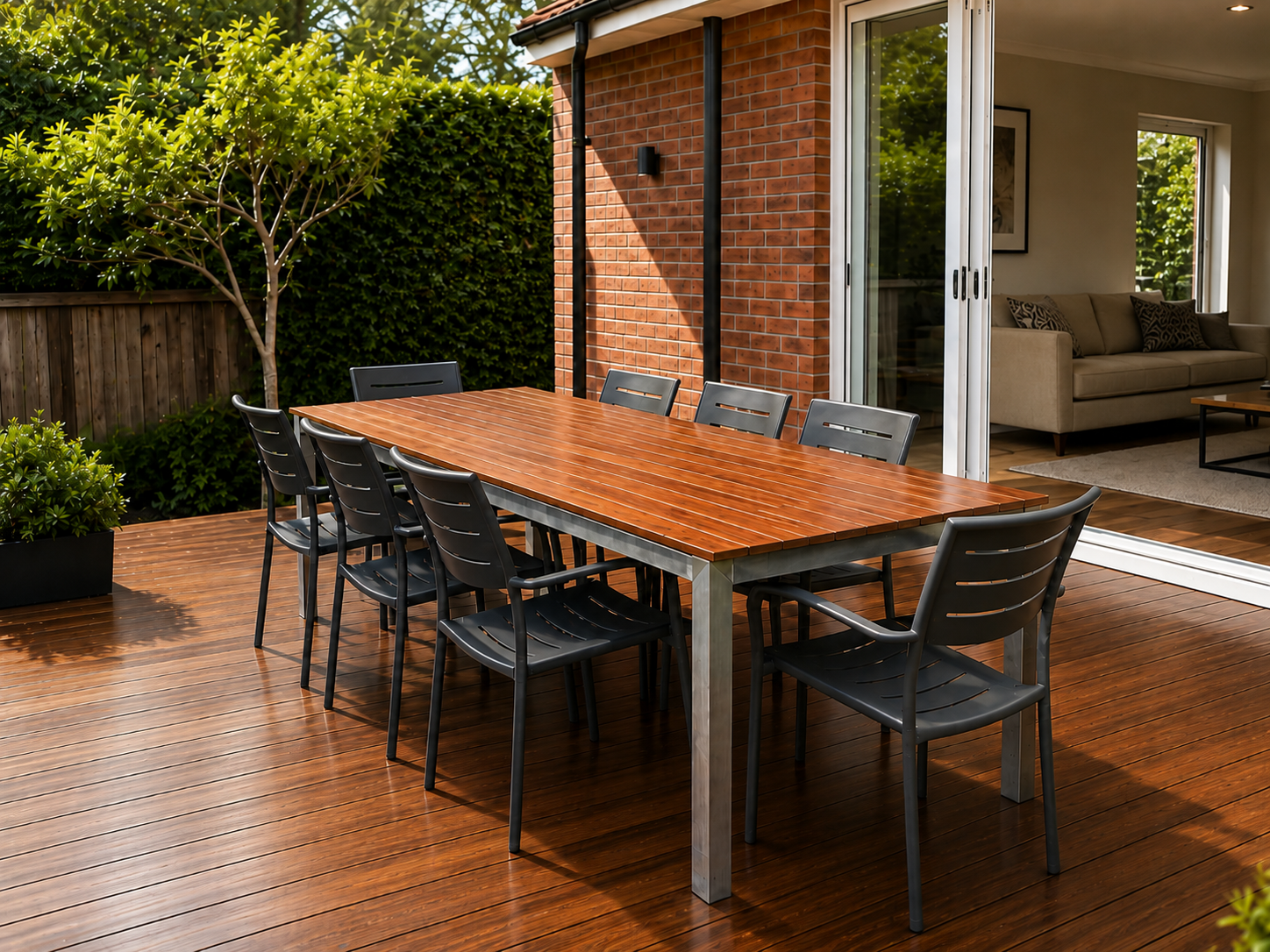 2400mm galvanised timber outdoor table with individual chairs on a residential deck