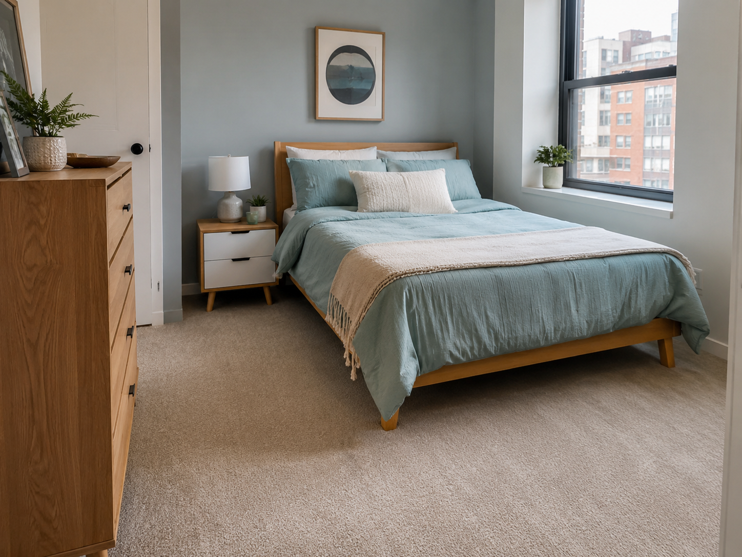 Compact apartment bedroom with soft carpet