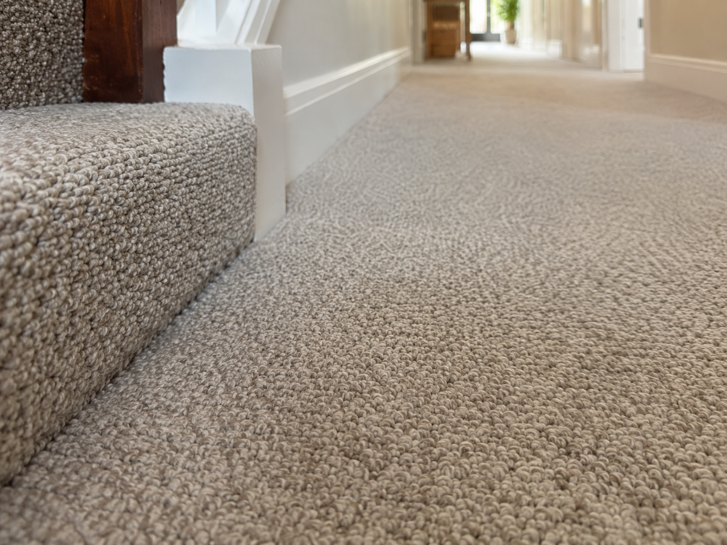 Close-up of carpet pile in a high traffic stair or hallway area